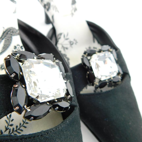 OLIVIA ROSE TAL Crystal Accent Black Suede Slide Mules 8 - Picture 3 of 8